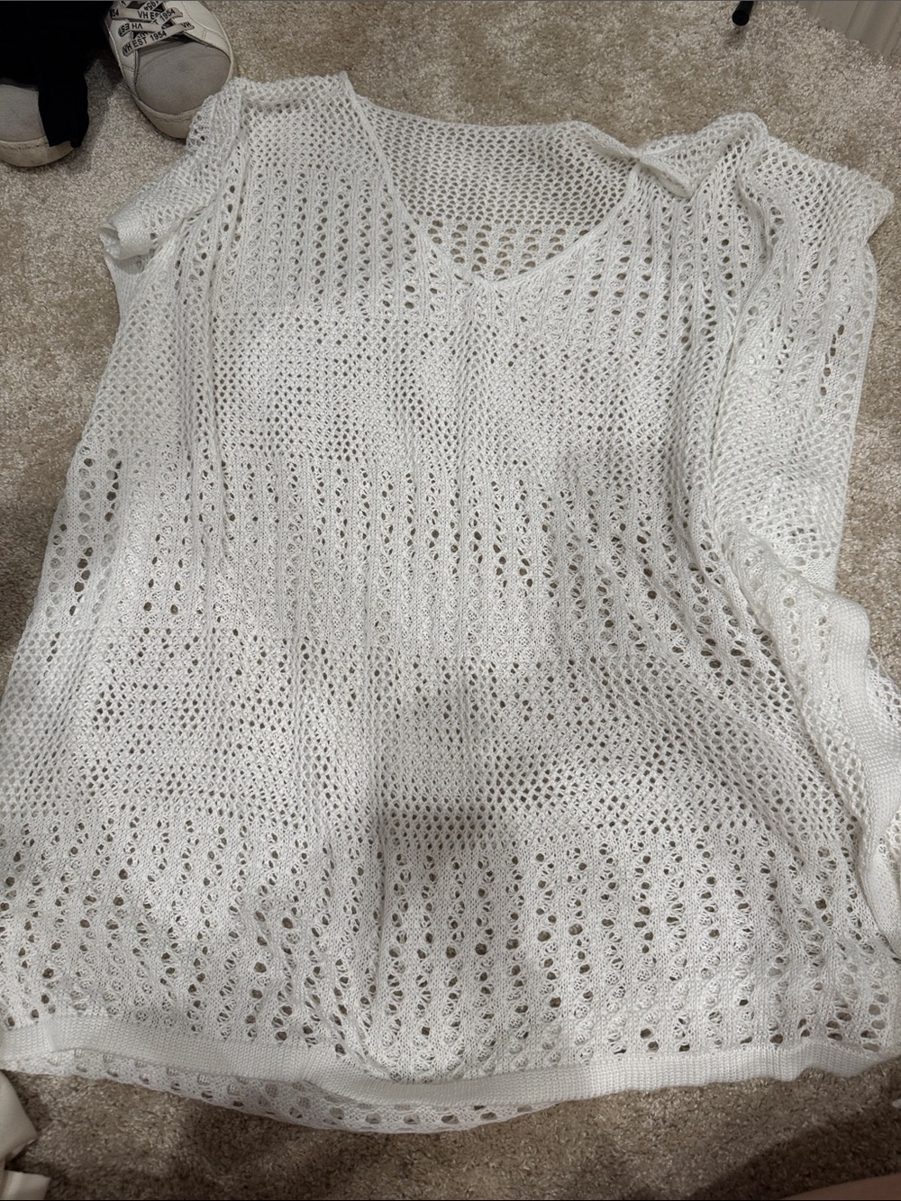 Women's White Open-Knit V-Neck Sweater